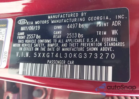 2019 Kia Optima Lx/S from USA, damaged, VIN 5XXGT4L30KG373270